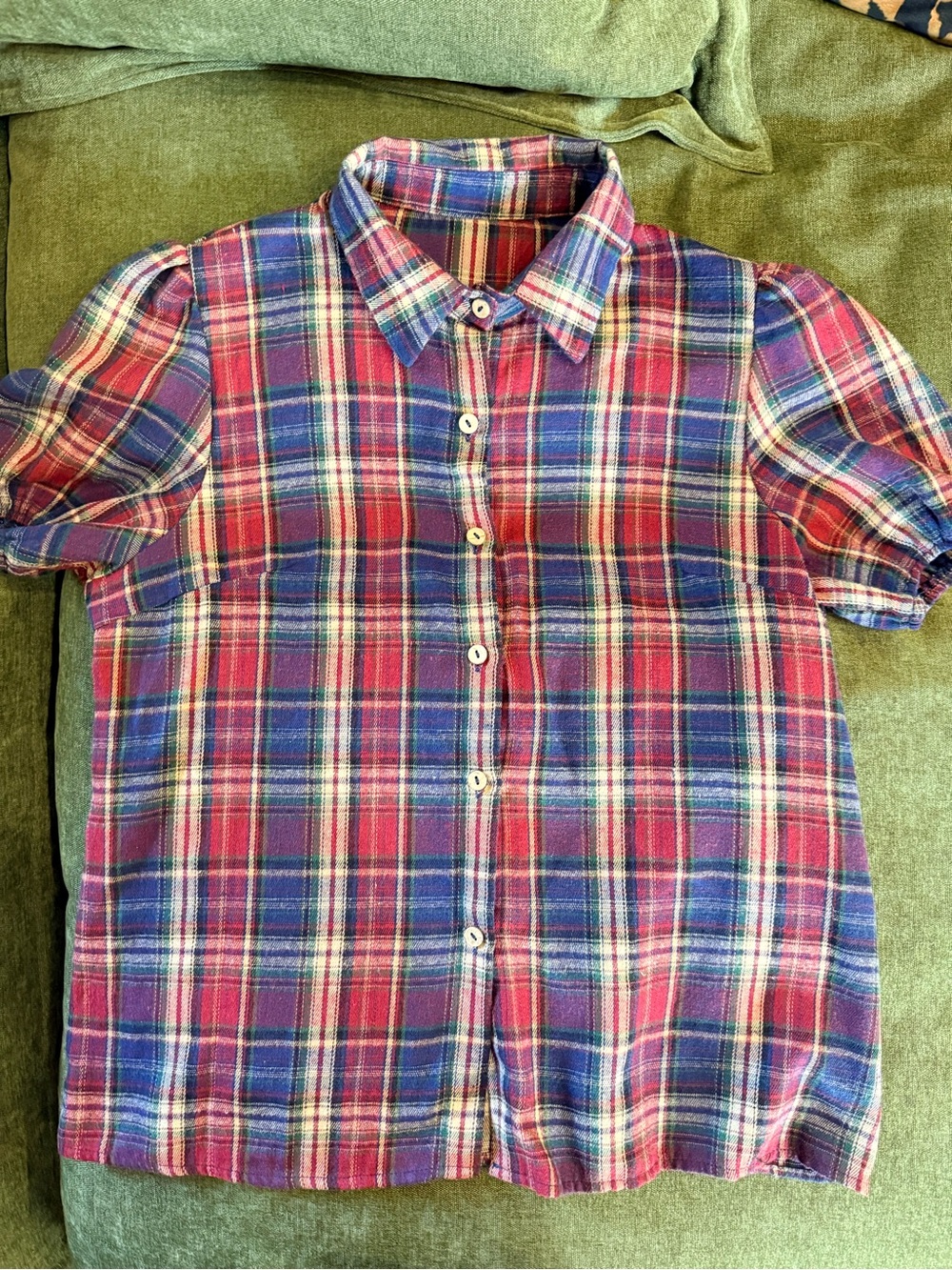 Womens Plaid Button-Up Shirt in Red & Blue Madras Plaid